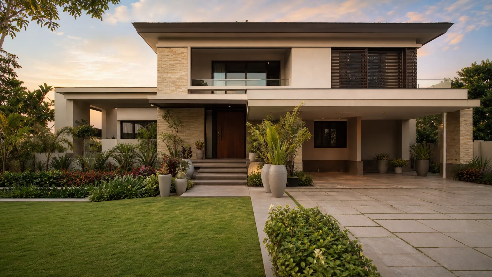 Concept of an elegant modern home with lawn, layered tropical planting and sculptural entrance pots